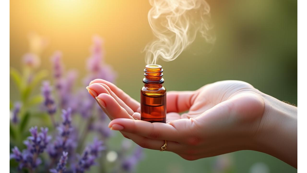 Mano sosteniendo un frasco de aceite esencial, con vapor aromático elevándose entre flores y hojas suavemente iluminadas.