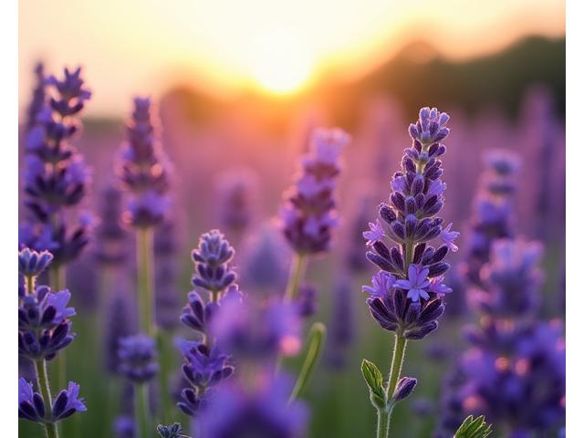 Flores de lavanda moradas en un campo al atardecer.