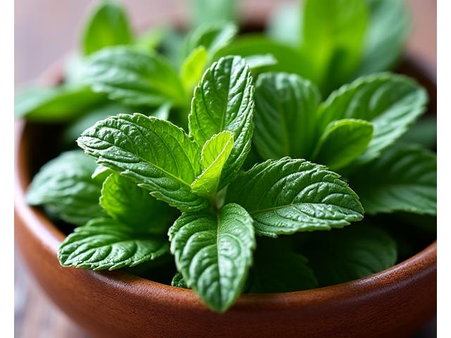 Hojas de menta piperita frescas en un cuenco de madera.