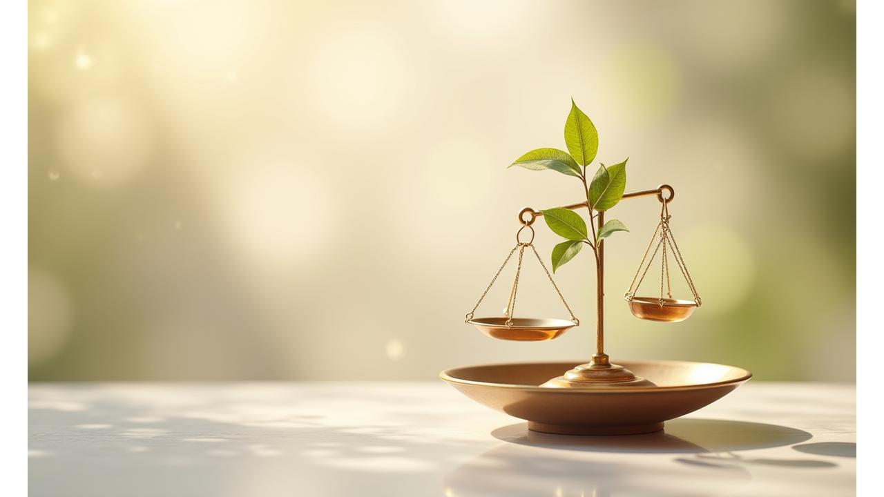 Balanza de la justicia y documentos legales con un suave resplandor zen de fondo