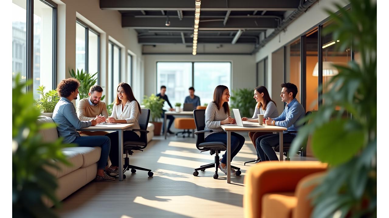 Oficina moderna y dinámica con empleados colaborando y sonriendo, reflejando un ambiente de bienestar y productividad