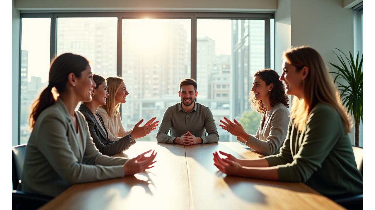 Ejecutivos calmados en una sala de reuniones luminosa, practicando técnicas de mindfulness con un consultor sonriente