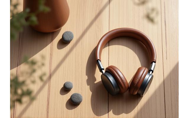 Auriculares en un entorno tranquilo con un difusor de aromaterapia.
