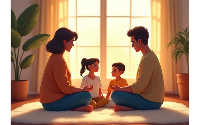 Una familia, padres e hijos, meditando juntos y sonriendo en un salón acogedor.