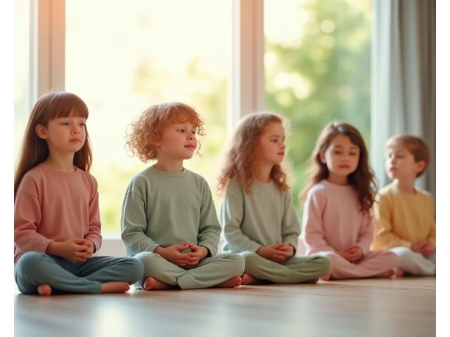 Niños y adolescentes meditando en un entorno sereno, con colores suaves y mucha luz natural.