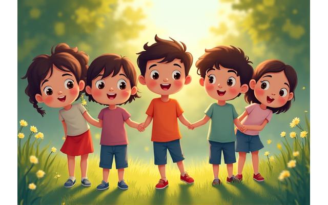 Niños riendo y jugando mientras practican una actividad grupal de mindfulness al aire libre.