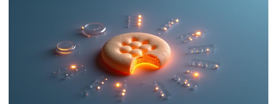 Una mano señalando una galleta digital con iconos de engranajes y configuración, representando la gestión de preferencias de cookies.