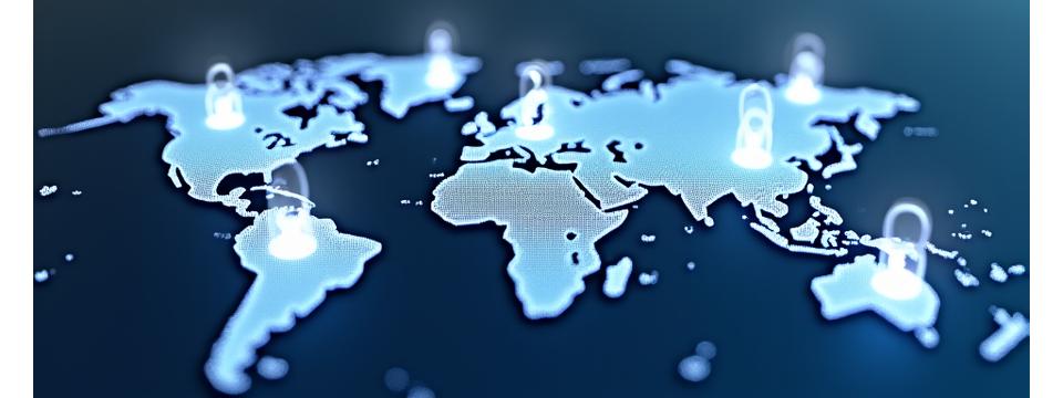 Círculos interconectados representando el flujo de datos bajo un sistema de protección global, con un enfoque en la confianza.