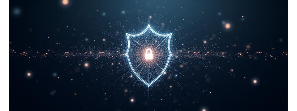 Una red compleja de datos protegida por un escudo abstracto, simbolizando las múltiples capas de seguridad.