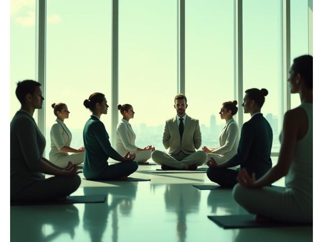 Ejecutivos meditando serenamente en un entorno de oficina moderno.