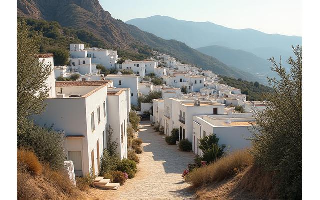 Pueblos blancos en las Alpujarras Granadinas al atardecer.