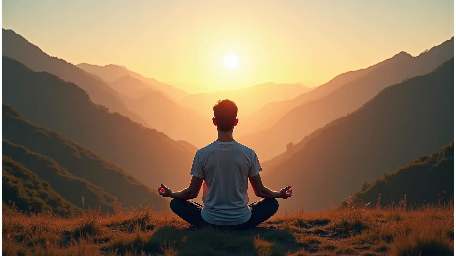 Mujer meditando al amanecer en un paisaje montañoso tranquilo de España.