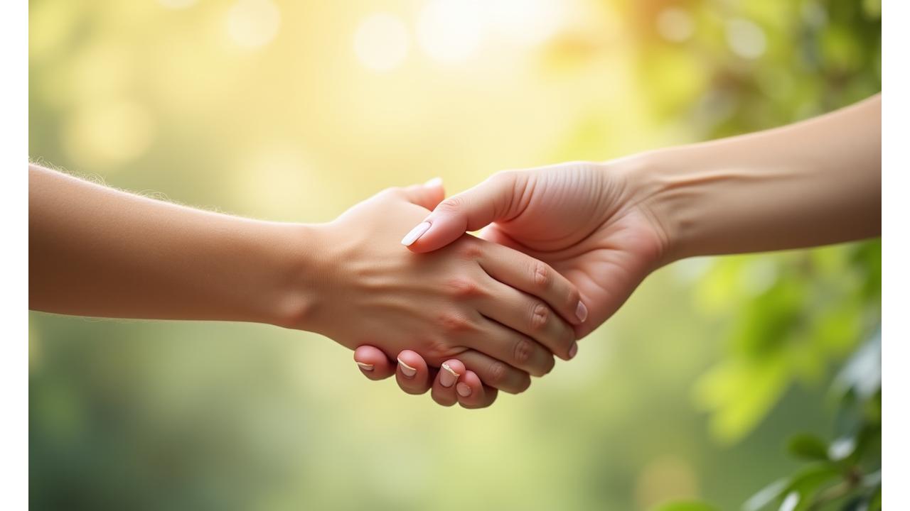 Mano sosteniendo la mano de otra persona de forma reconfortante en un entorno de luz cálida y natural. El enfoque está en la conexión y el apoyo, con un filtro suave y elementos botánicos difusos en segundo plano.