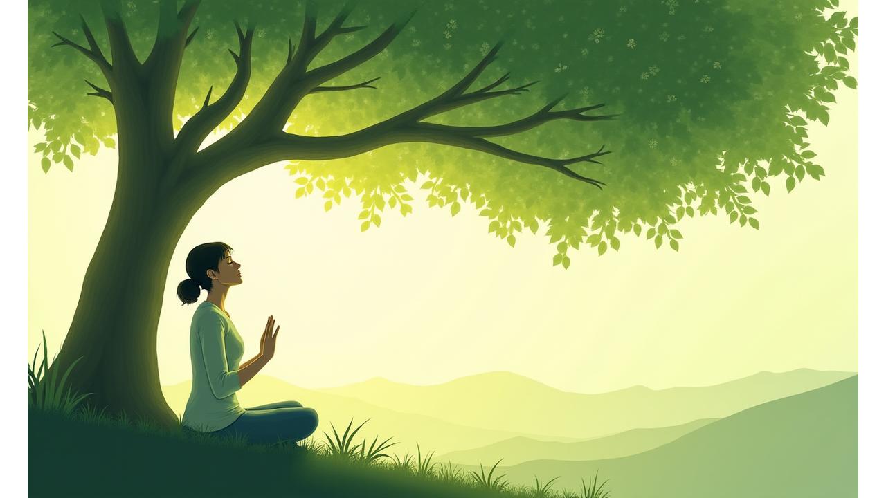Ilustración serena de una persona meditando bajo un árbol, con hojas verdes de tonos primarios y secundarios, transmitiendo calma y alivio del estrés.