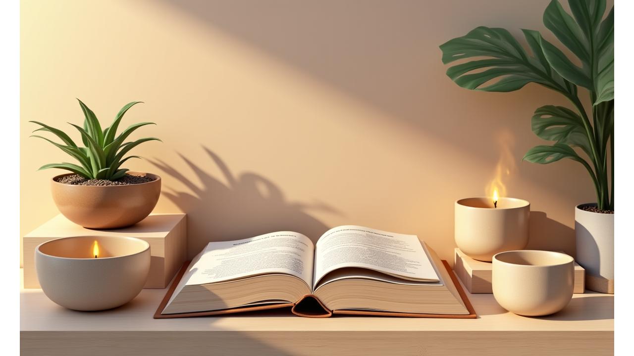 Una estantería de madera clara con varios objetos simbólicos de autocuidado y bienestar: un cuenco de meditación, un libro abierto sobre técnicas de respiración, una vela aromática encendida, un pequeño jardín zen, y una taza de té de hierbas humeante. Los colores de los objetos son complementarios a la paleta de la marca, creando una sensación de calma y accesibilidad.