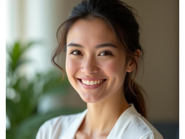 Retrato profesional y cálido de una terapeuta, sonriendo amablemente, con un fondo suave y desenfocado de un espacio zen. Colores primarios y secundarios dominan la escena.