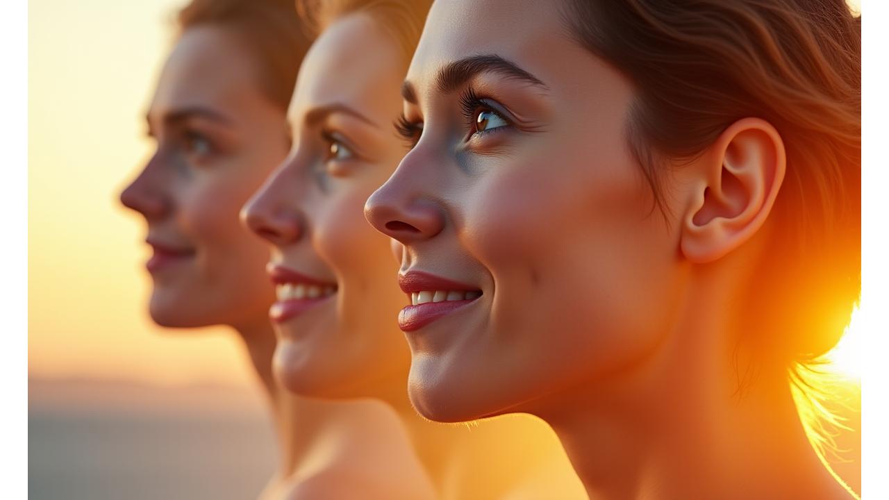 Una secuencia de tres fotos en un mismo collage: la primera muestra una persona con rostro tenso, la segunda un poco más relajada, y la tercera con una expresión de serenidad y sonrisa, representando la transformación personal. Colores suaves y cálidos predominan, con acentos que sugieren el amanecer.