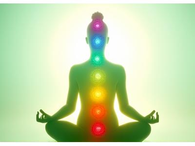 Representación de los siete chakras humanos como esferas de luz de colores vibrantes, armoniosamente alineados sobre una silueta corporal etérea.