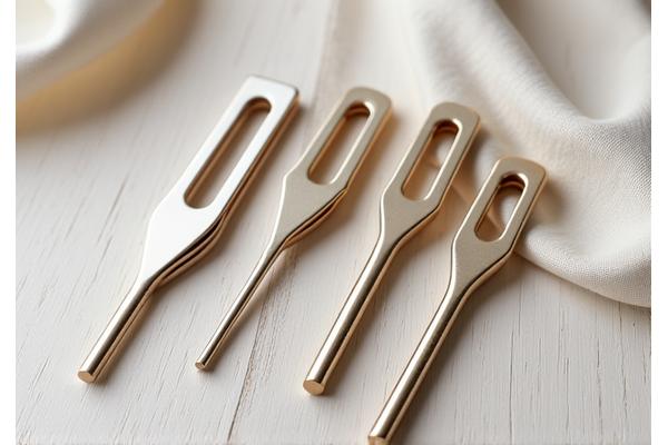 Set de diapasones terapéuticos metálicos de distintos tamaños, brillando suavemente sobre una superficie de madera clara.