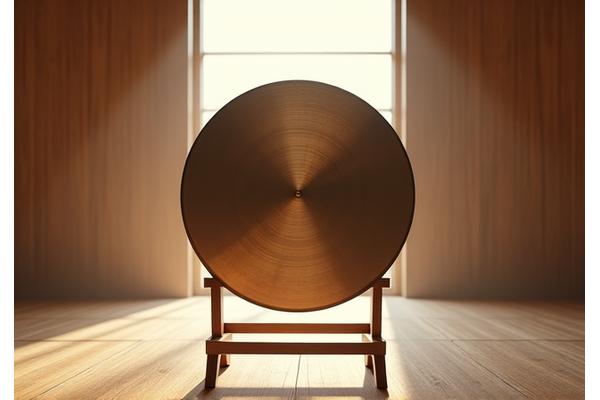 Imponente gong planetario de gran tamaño con superficie reflectante, en un estudio de meditación sereno.