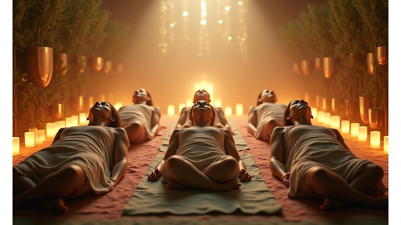Grupo de personas inmersas en un sound bath, rodeadas de cuencos tibetanos y gongs, en un ambiente sereno y con luz cálida.