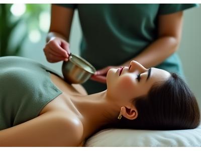 Terapeuta experta aplicando gentilmente un diapason terapéutico en el hombro de una persona acostada, en un entorno de meditación privado.