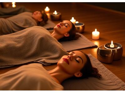 Varias personas relajándose en una sesión de sound bath grupal, con los ojos cerrados, rodeadas de diversos instrumentos sonoros.